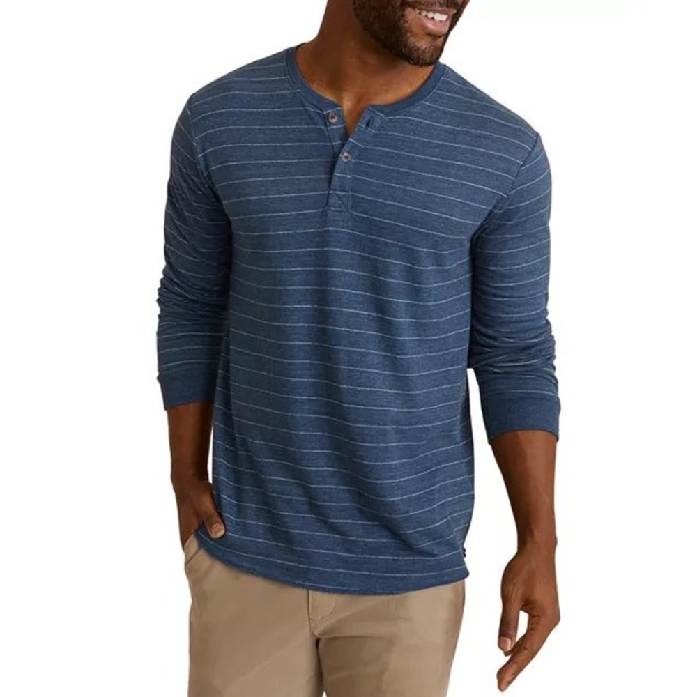 Marine Layer Men Double Knit Henley Shirt Size L Blue Long Sleeve Striped